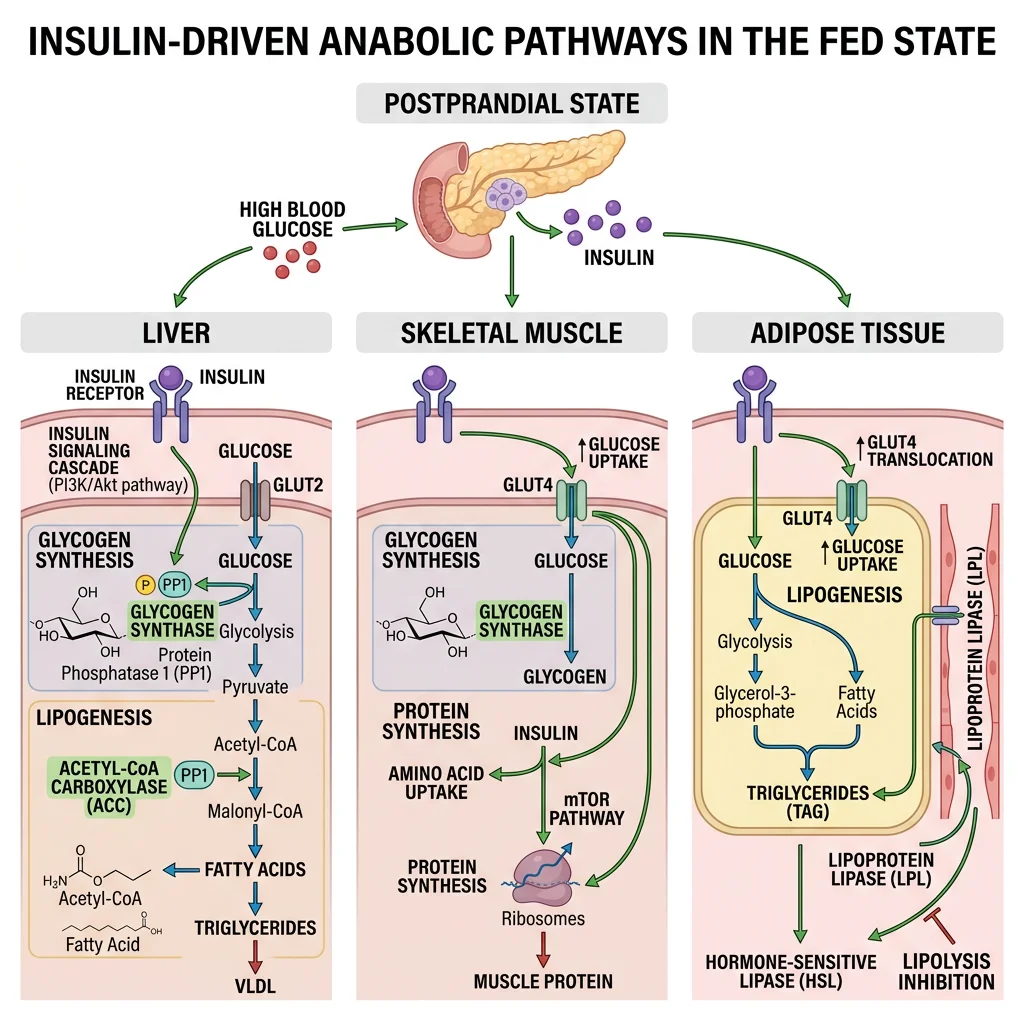 Illustration of insulin-driven anabolic pathways in the fed state showing glycogen synthesis, lipogenesis, and protein synthesis across liver, muscle, and adipose tissue