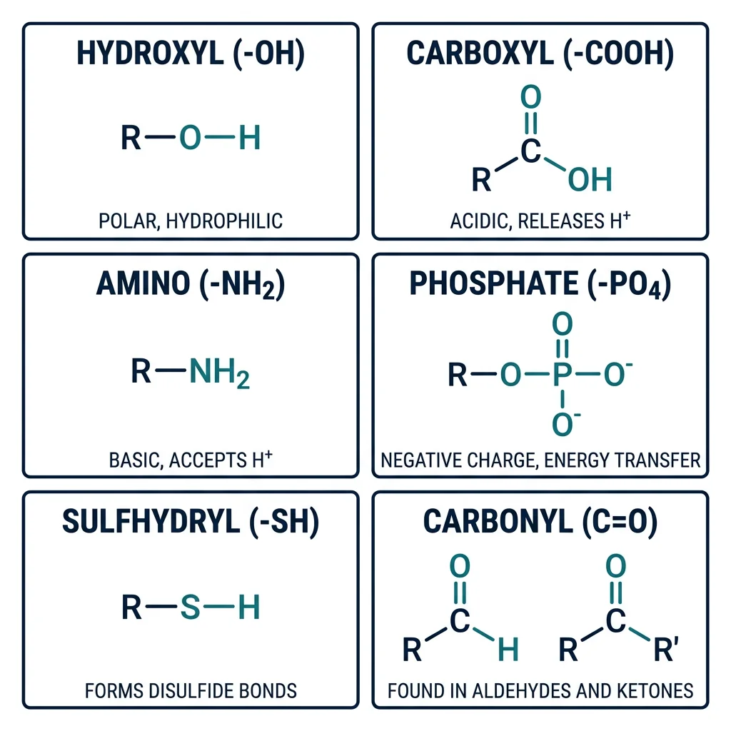 Chart of common functional groups in biomolecules including hydroxyl, carboxyl, amino, phosphate, sulfhydryl, and carbonyl groups with their structures and properties