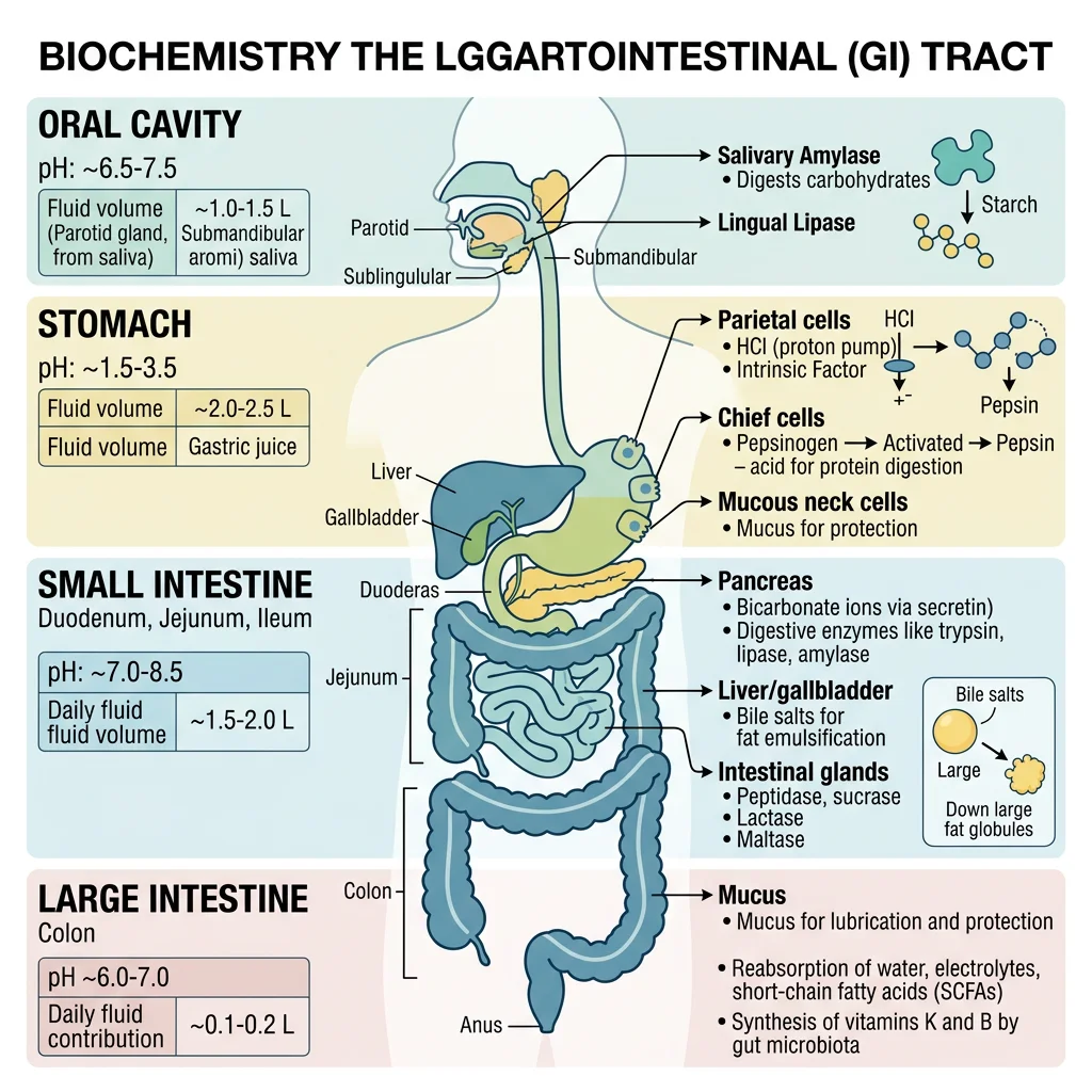 Diagram of the gastrointestinal tract showing each segment with its secretory functions, pH levels, and daily fluid volumes