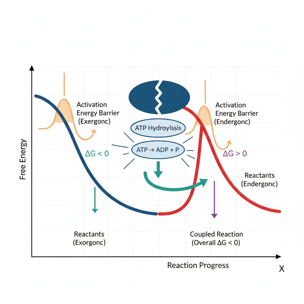 Gibbs free energy reaction coordinate diagram showing exergonic and endergonic reactions with activation energy barriers and ATP energy coupling