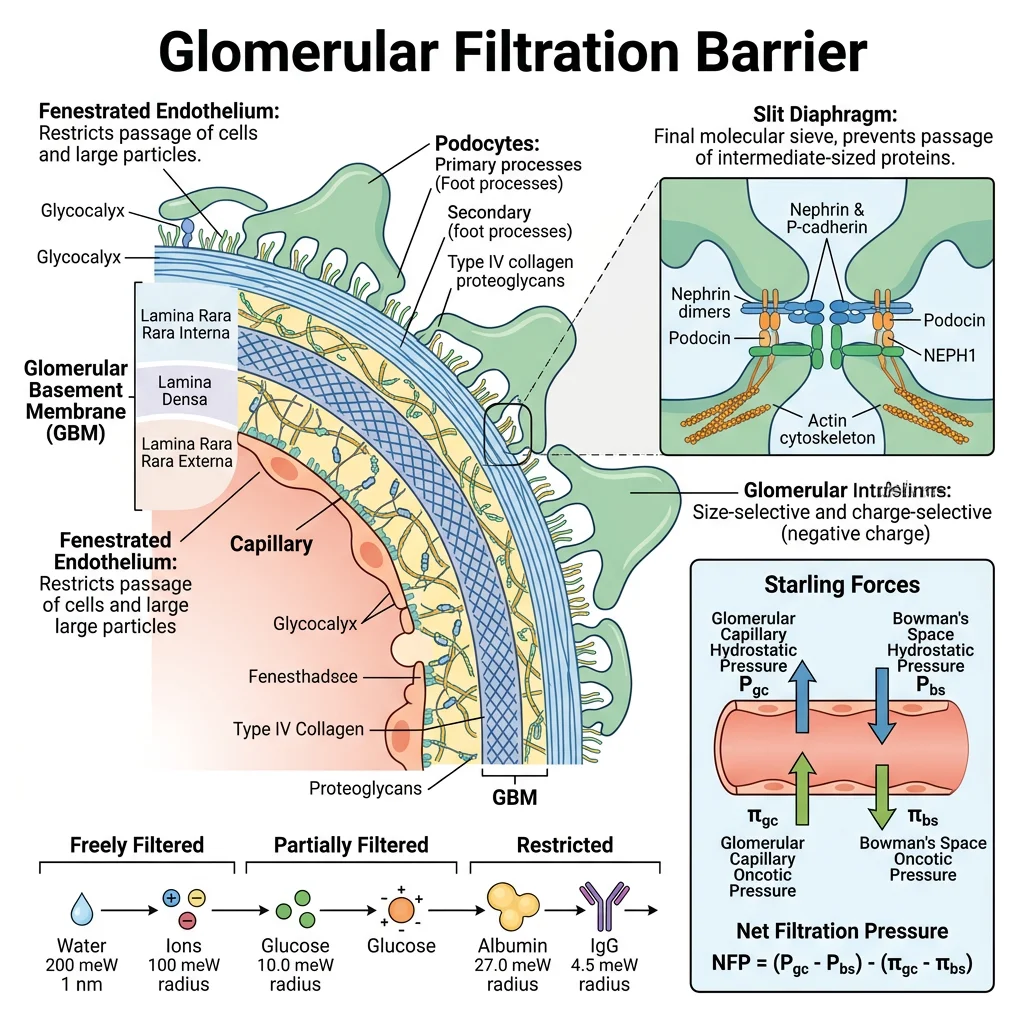 Diagram of the glomerular filtration barrier showing fenestrated endothelium, basement membrane, and podocyte slit diaphragms with Starling forces