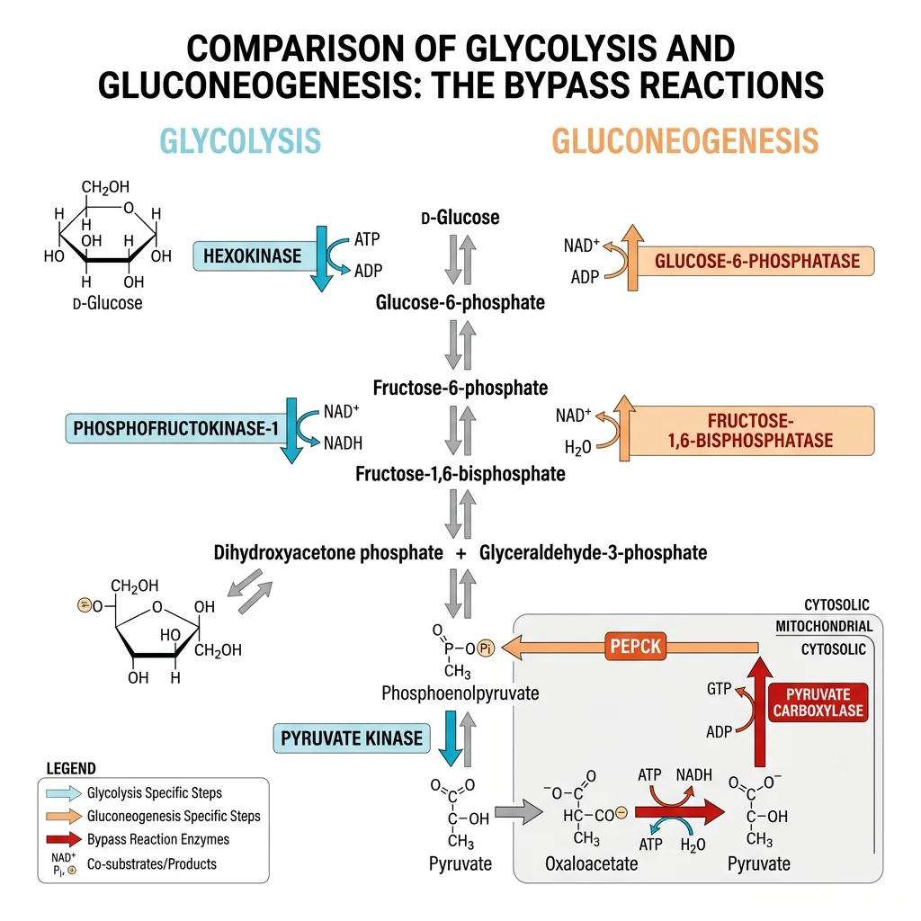 Diagram comparing gluconeogenesis and glycolysis side by side, highlighting the three bypass reactions with their unique enzymes: pyruvate carboxylase, PEPCK, fructose-1,6-bisphosphatase, and glucose-6-phosphatase