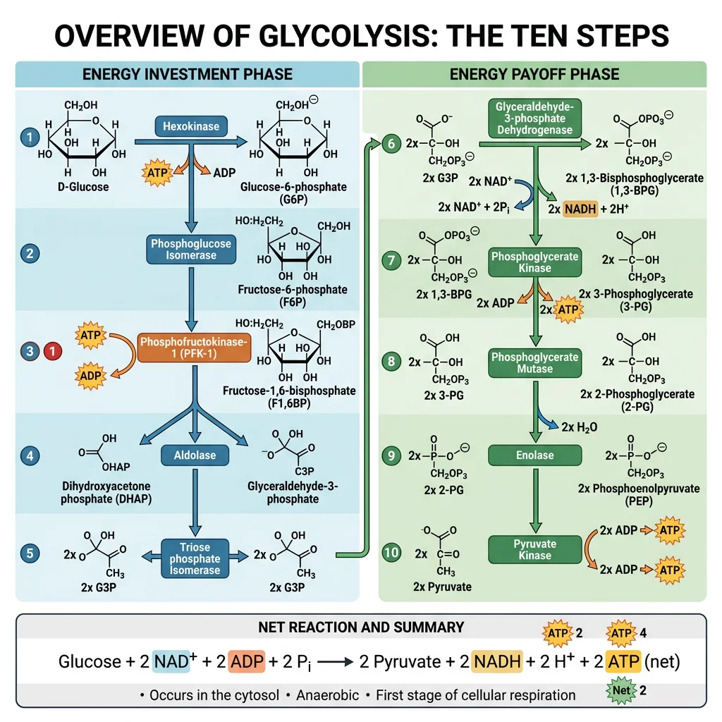 Overview diagram of the glycolysis pathway showing glucose splitting into two pyruvate molecules through 10 enzymatic steps, divided into energy investment and energy payoff phases