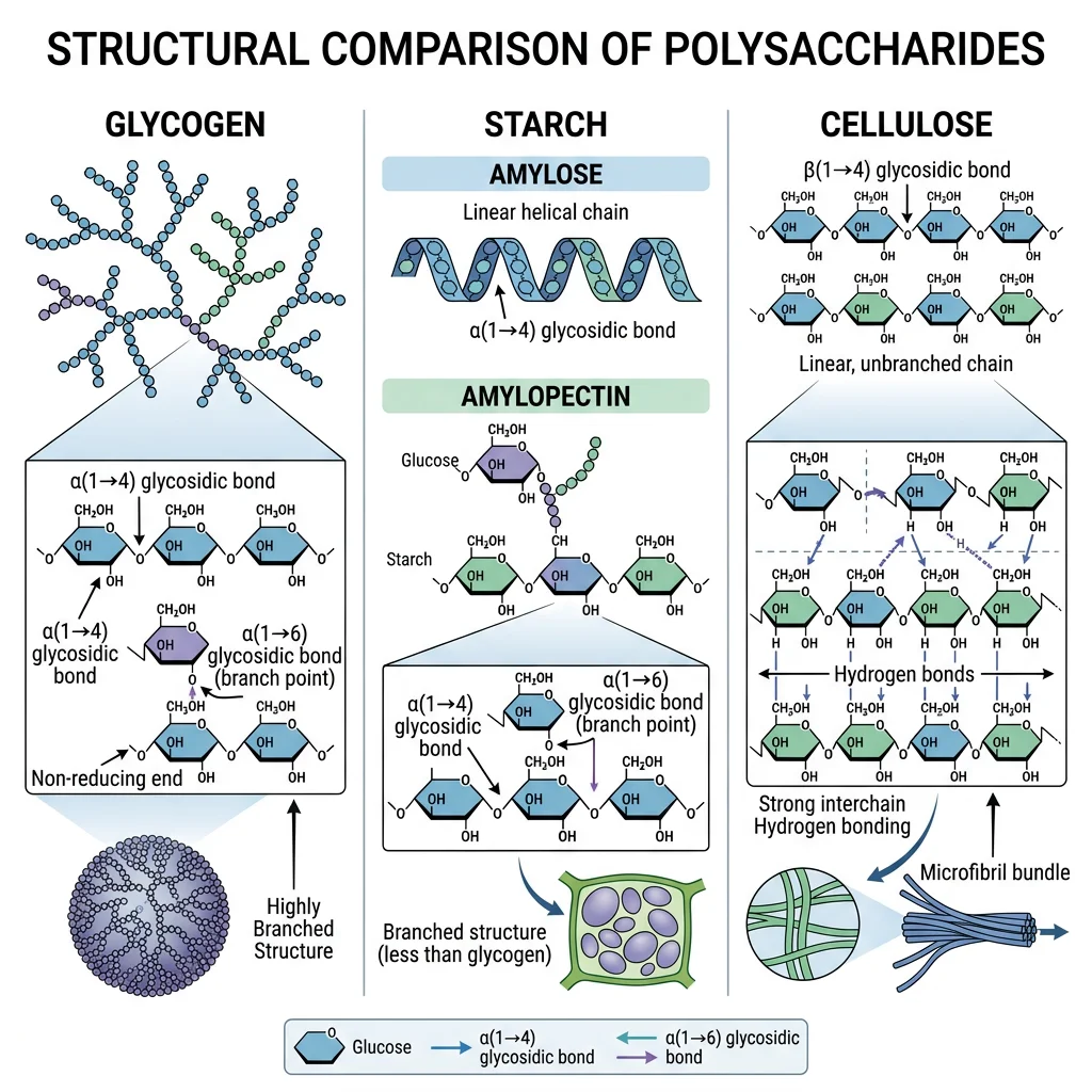 Structural comparison of glycogen, starch (amylose and amylopectin), and cellulose showing alpha-1,4 and alpha-1,6 branching versus beta-1,4 linear chains