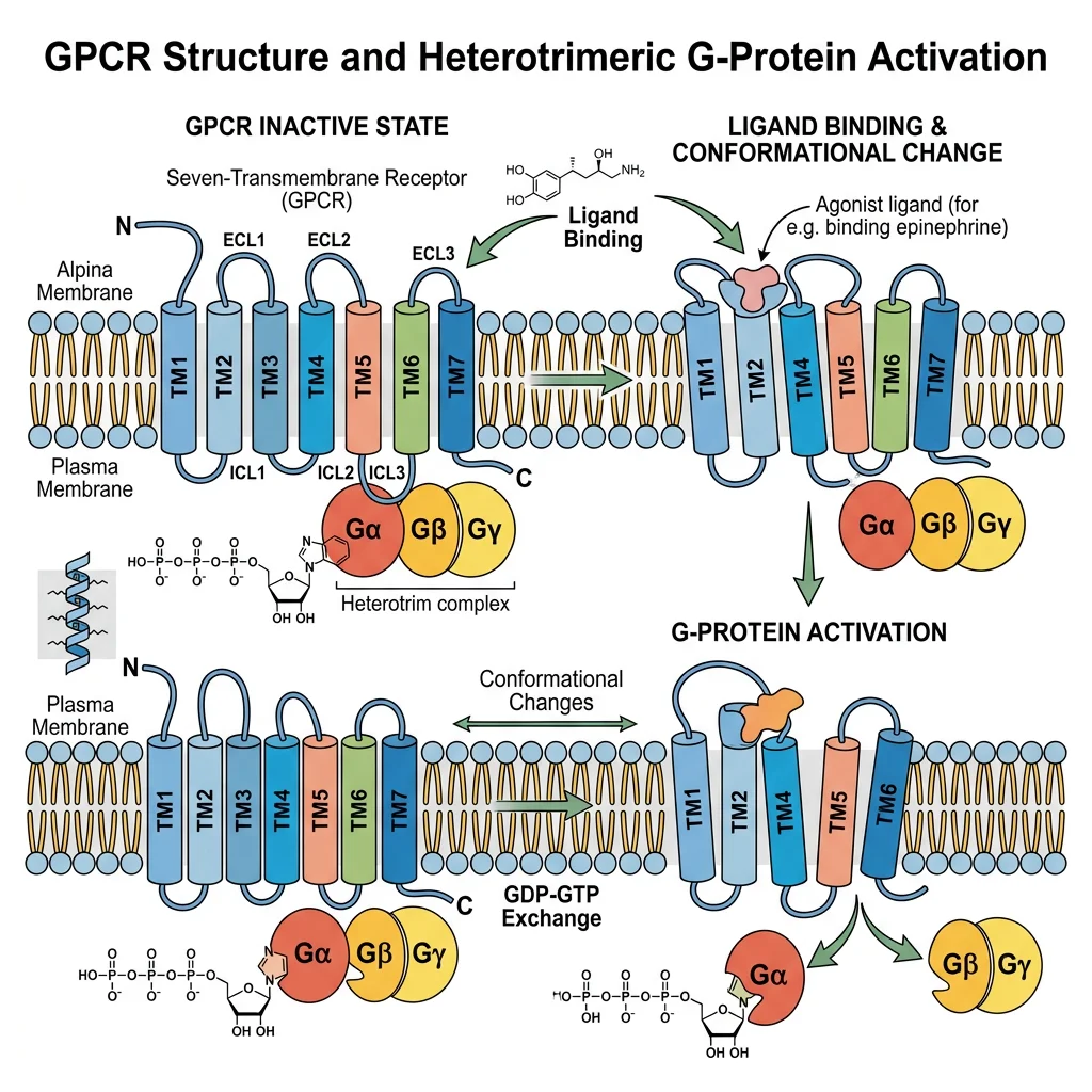 Structure of a G-protein coupled receptor showing seven transmembrane alpha-helices spanning the plasma membrane with heterotrimeric G-protein complex