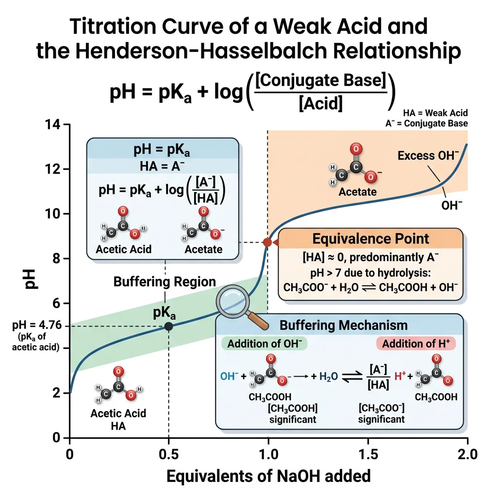 Titration curve of a weak acid showing the Henderson-Hasselbalch equation, buffering region around pKa, and the relationship between pH and conjugate base to acid ratio