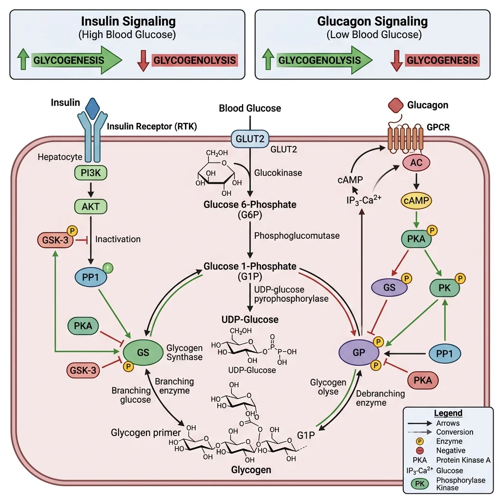 Flowchart showing hepatic glucose homeostasis with glycogen synthesis and glycogenolysis pathways regulated by insulin and glucagon signalling
