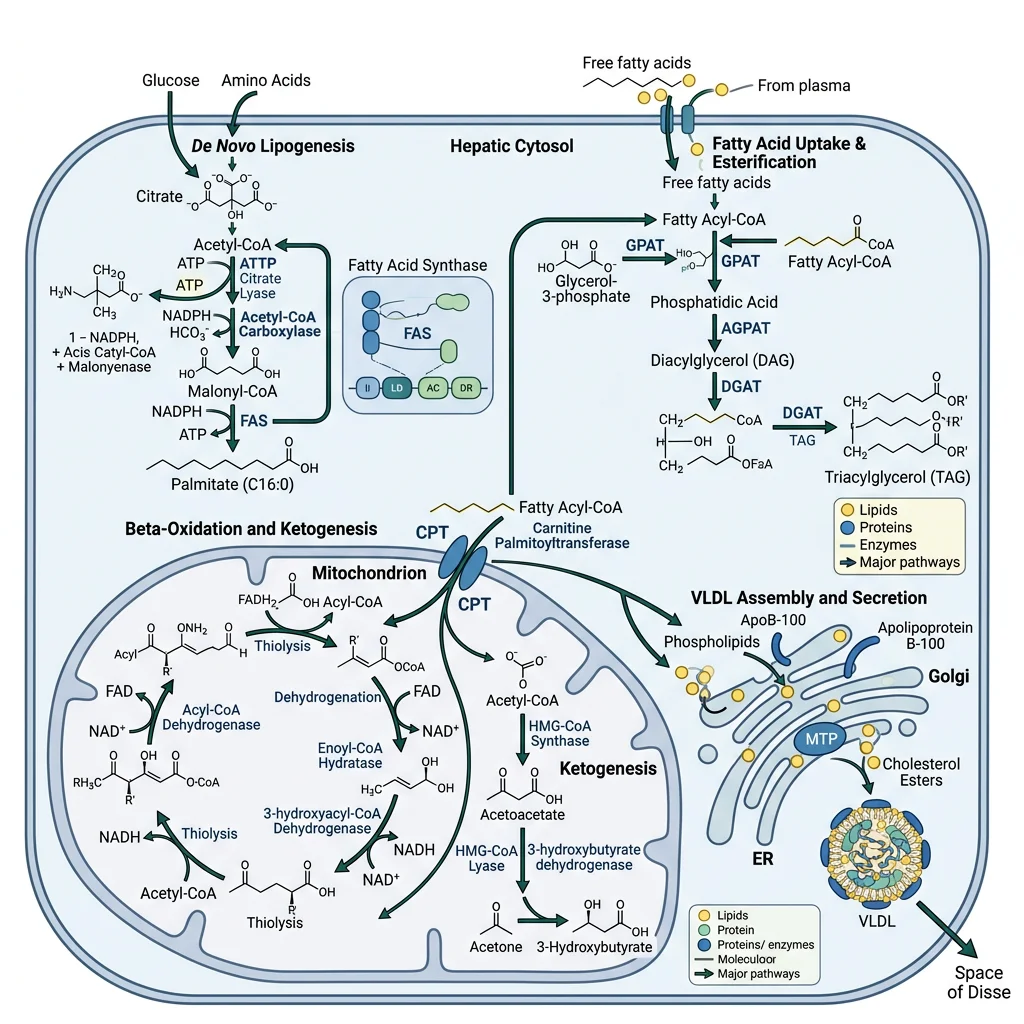 Schematic of hepatic lipid metabolism showing de novo lipogenesis, beta-oxidation, VLDL assembly, and ketogenesis pathways