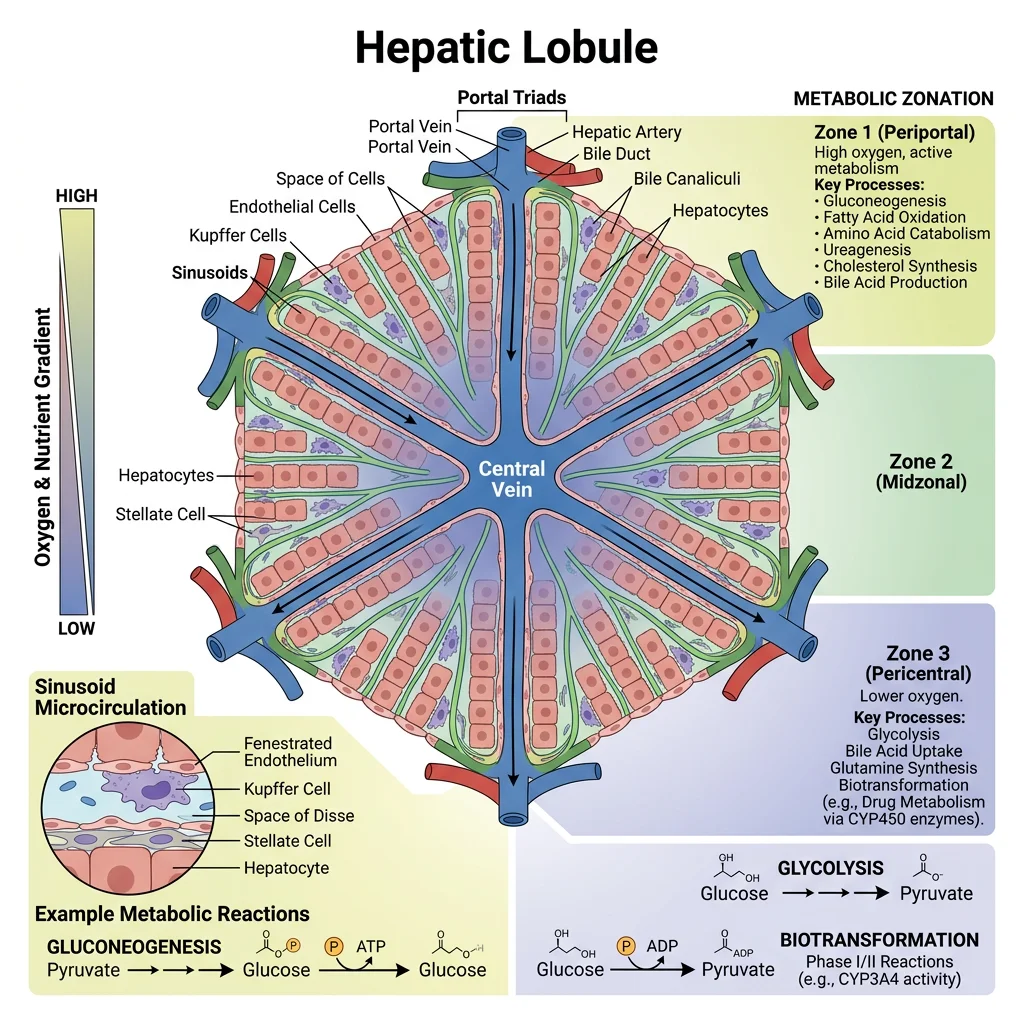 Cross-section diagram of the hepatic lobule showing portal triads, central vein, sinusoids, and metabolic zonation from Zone 1 to Zone 3