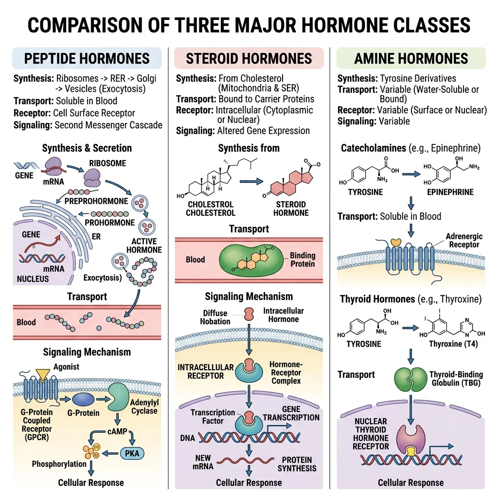 Three classes of hormones — peptide, steroid, and amine — comparing their synthesis, transport, receptor location, and signaling mechanisms