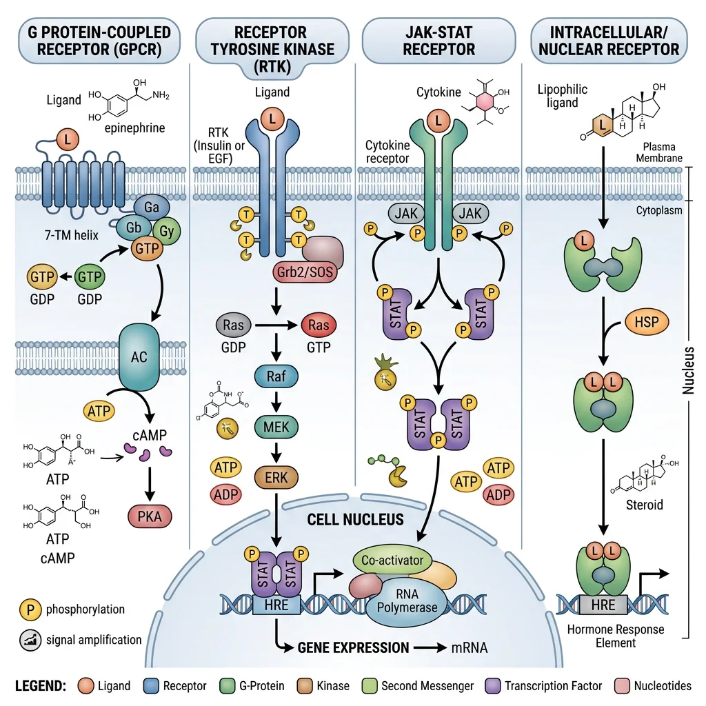 Comparison of cell-surface receptors (GPCRs, RTKs, JAK-STAT) and intracellular nuclear receptors showing signal transduction pathways