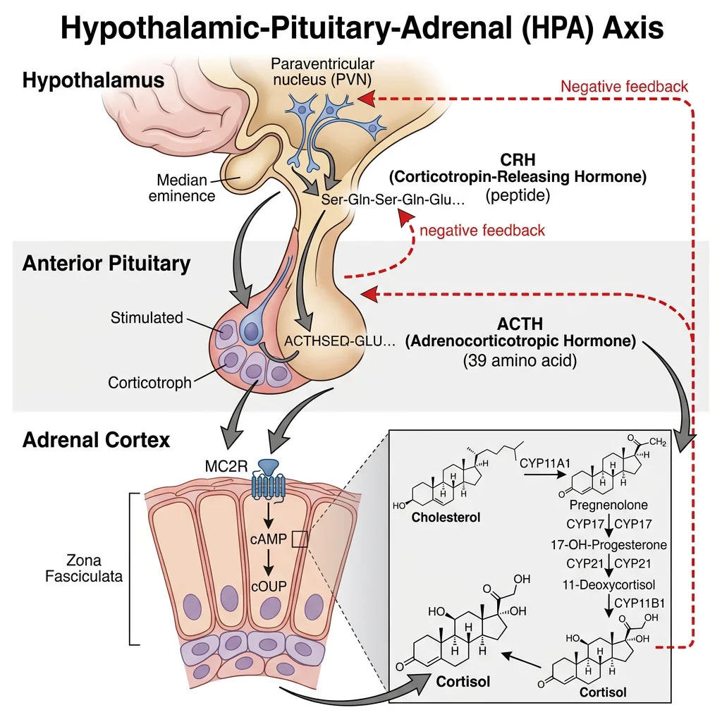 Hypothalamic-pituitary-adrenal axis showing CRH, ACTH, and cortisol cascade with negative feedback loops at three levels