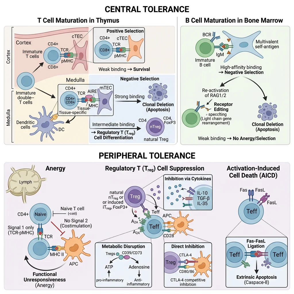 Immune tolerance mechanisms showing central tolerance in thymus and bone marrow, and peripheral tolerance via Tregs and anergy