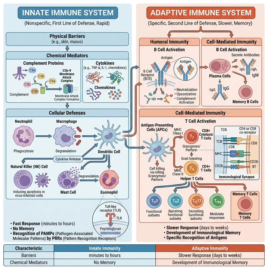 Diagram comparing innate and adaptive immune system branches with key cell types and response characteristics