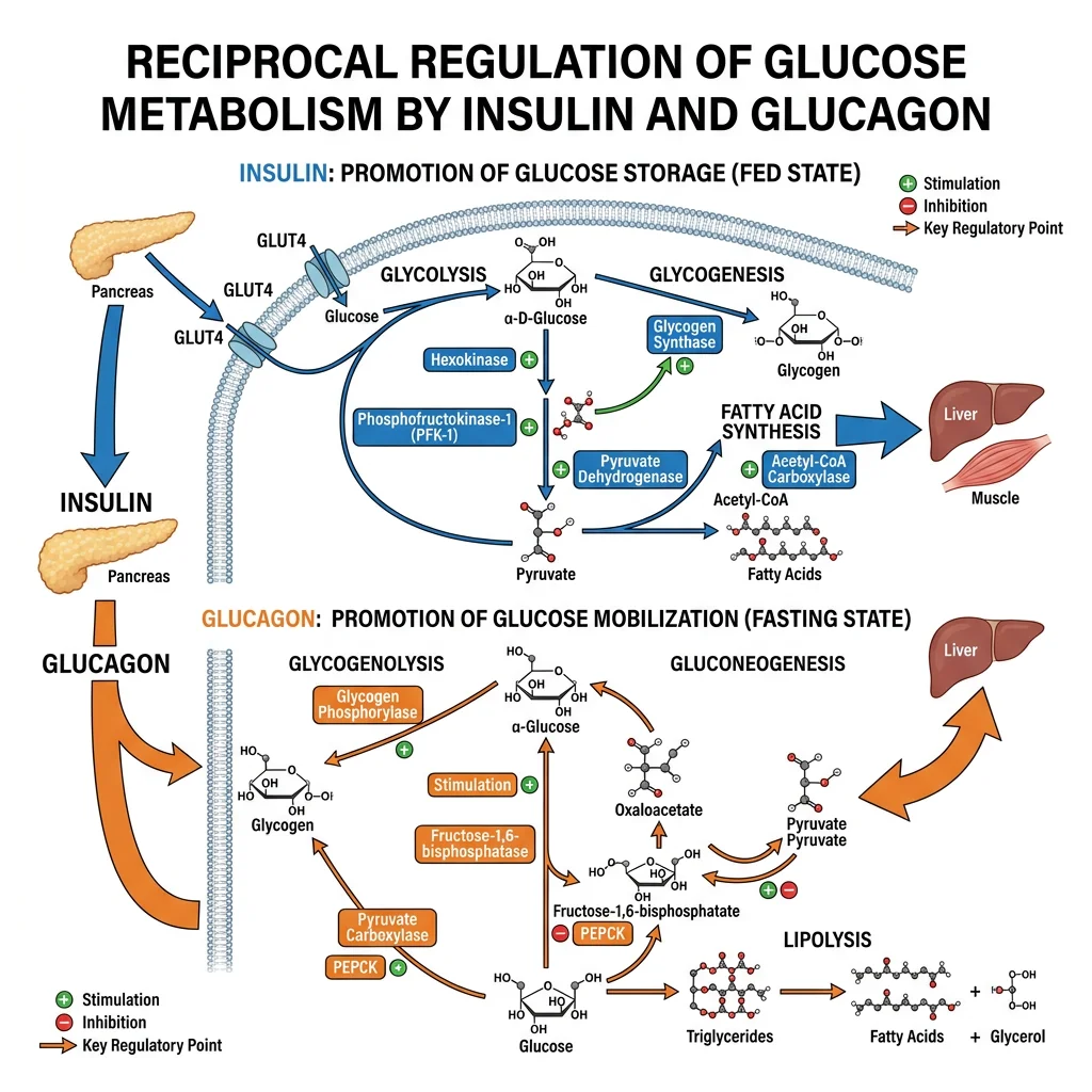 Insulin and glucagon as opposing metabolic regulators showing insulin promoting glucose storage and glucagon promoting glucose mobilisation