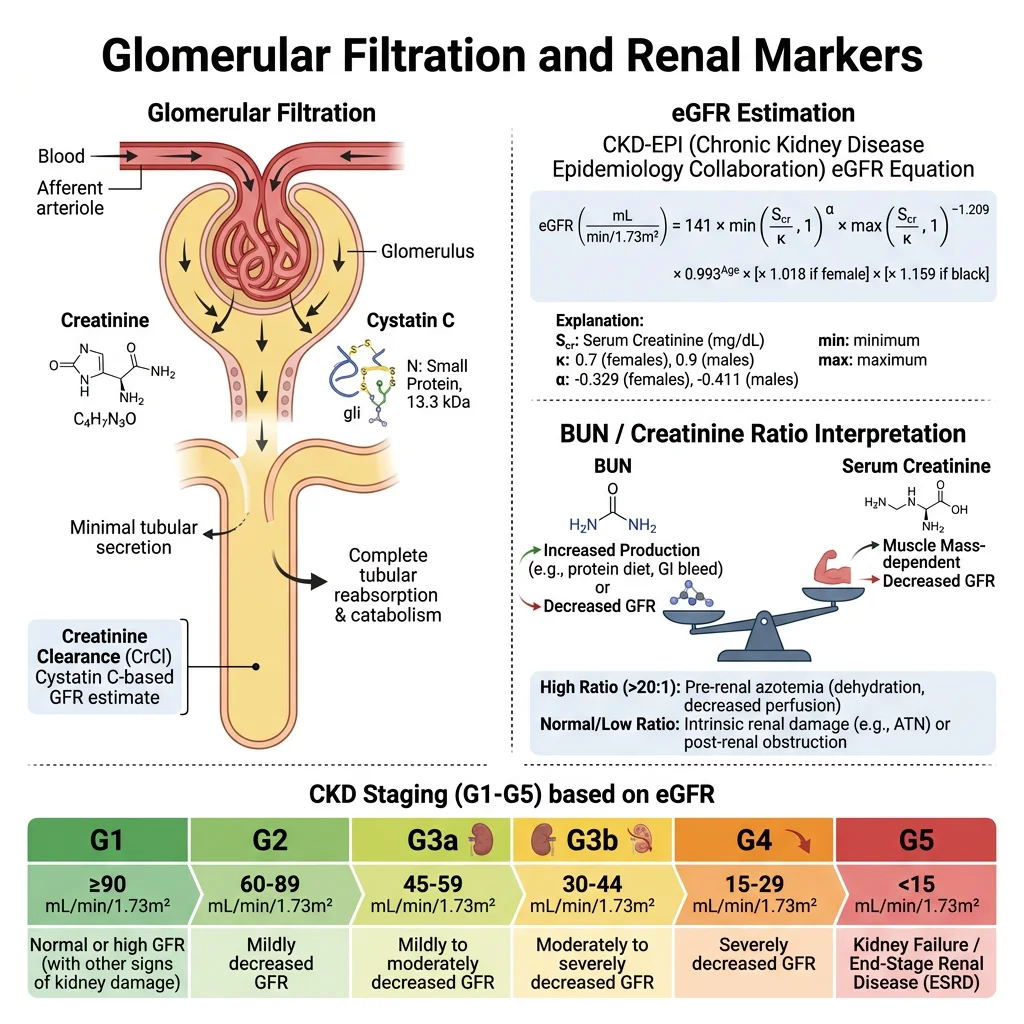 Kidney function markers showing glomerular filtration of creatinine and cystatin C, BUN/creatinine ratio interpretation, eGFR CKD-EPI equation, and CKD staging G1 through G5