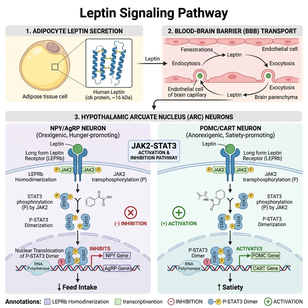 Leptin signaling pathway from adipocyte secretion through blood-brain barrier transport to hypothalamic arcuate nucleus JAK2-STAT3 activation of POMC/CART and inhibition of NPY/AgRP neurons