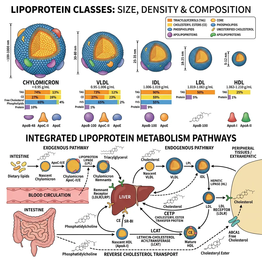 Lipoprotein classes showing chylomicron, VLDL, IDL, LDL, and HDL particles with relative sizes, density, apolipoprotein composition, and cholesterol transport pathways including reverse cholesterol transport