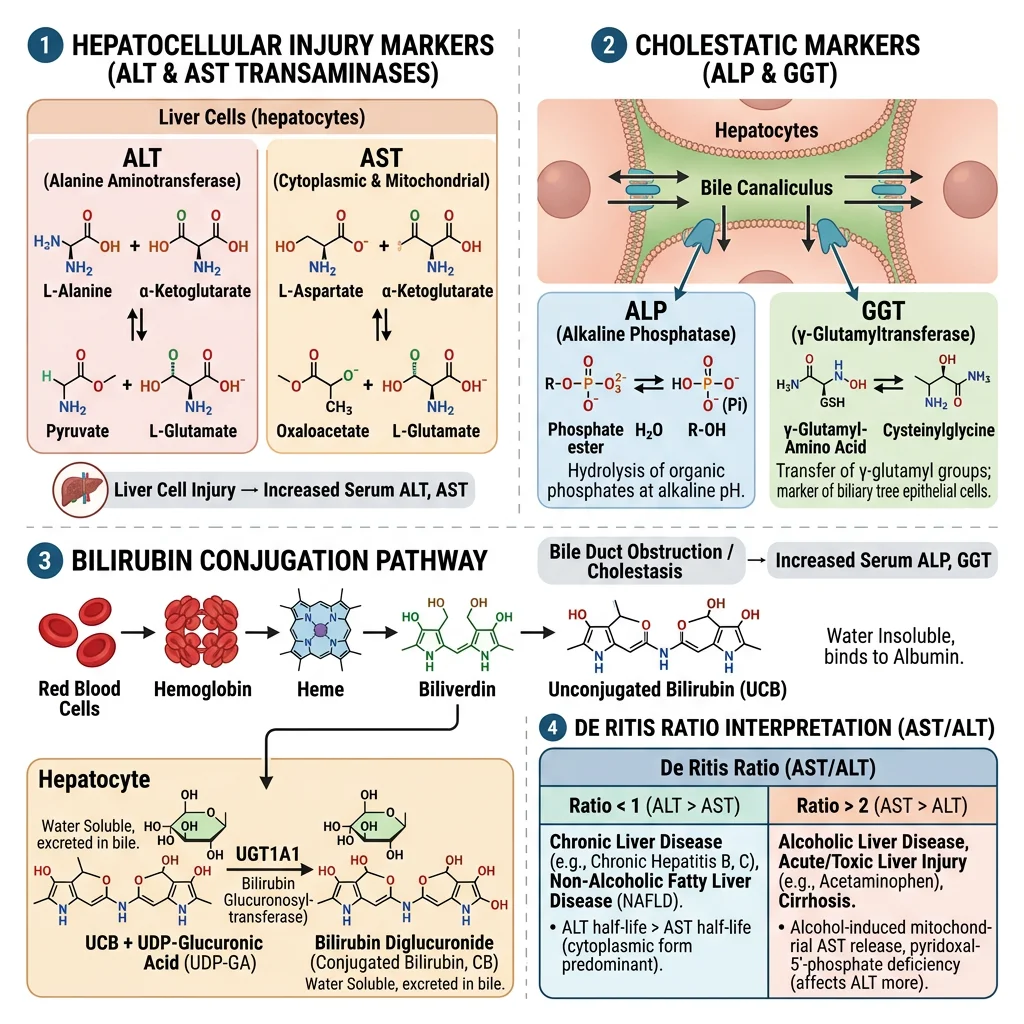 Liver function test panel showing ALT and AST transaminase reactions, ALP and GGT cholestatic markers, bilirubin conjugation pathway, and De Ritis ratio interpretation patterns