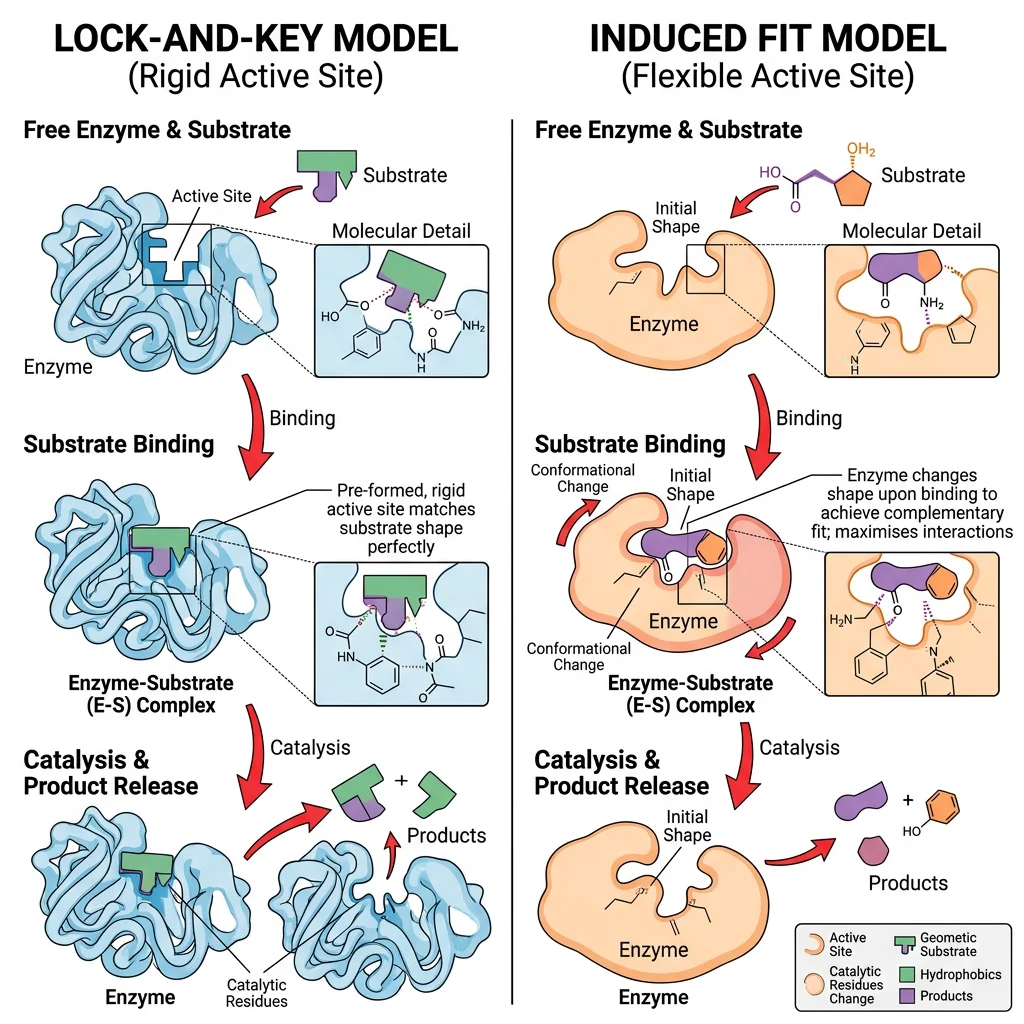 Side-by-side comparison of the lock-and-key model showing a rigid active site matching the substrate shape versus the induced fit model showing the active site changing shape upon substrate binding