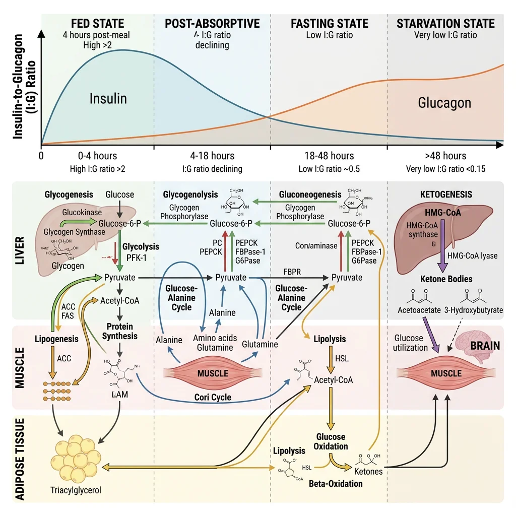 Diagram showing the metabolic timeline from fed state through post-absorptive, fasting, and starvation phases with insulin-to-glucagon ratio changes