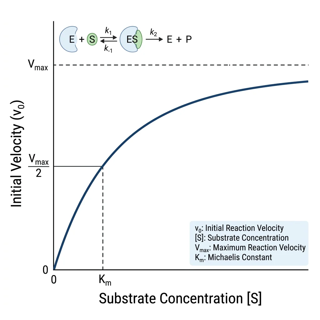 Michaelis-Menten saturation curve showing initial velocity v₀ plotted against substrate concentration [S], with Vmax as the horizontal asymptote and Km marked at half-Vmax