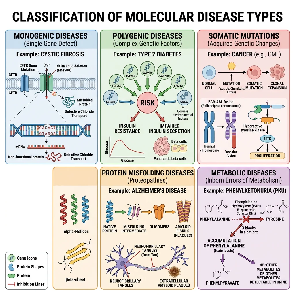 Classification of molecular disease types showing monogenic, polygenic, somatic mutation, protein misfolding, and metabolic disease categories with examples