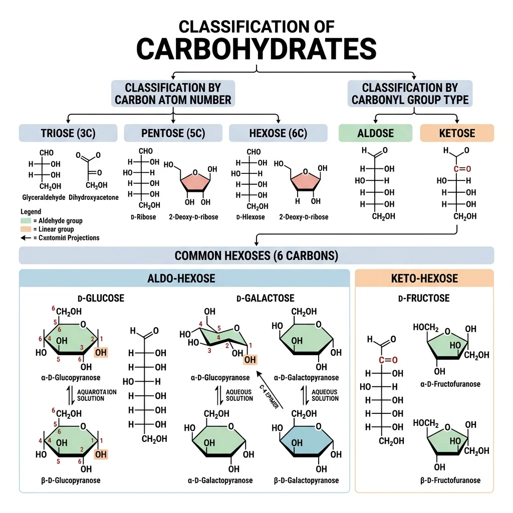 Classification of carbohydrates showing monosaccharides (glucose, fructose, galactose) with their ring structures, grouped by carbon number (triose, pentose, hexose) and carbonyl type (aldose, ketose)
