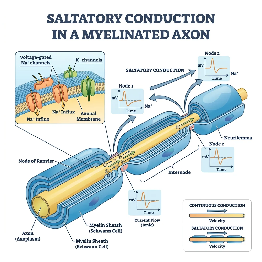 Cross-section diagram of a myelinated axon showing the spiral myelin sheath wrapping, nodes of Ranvier with clustered Na+ channels, and saltatory conduction with action potentials jumping between nodes