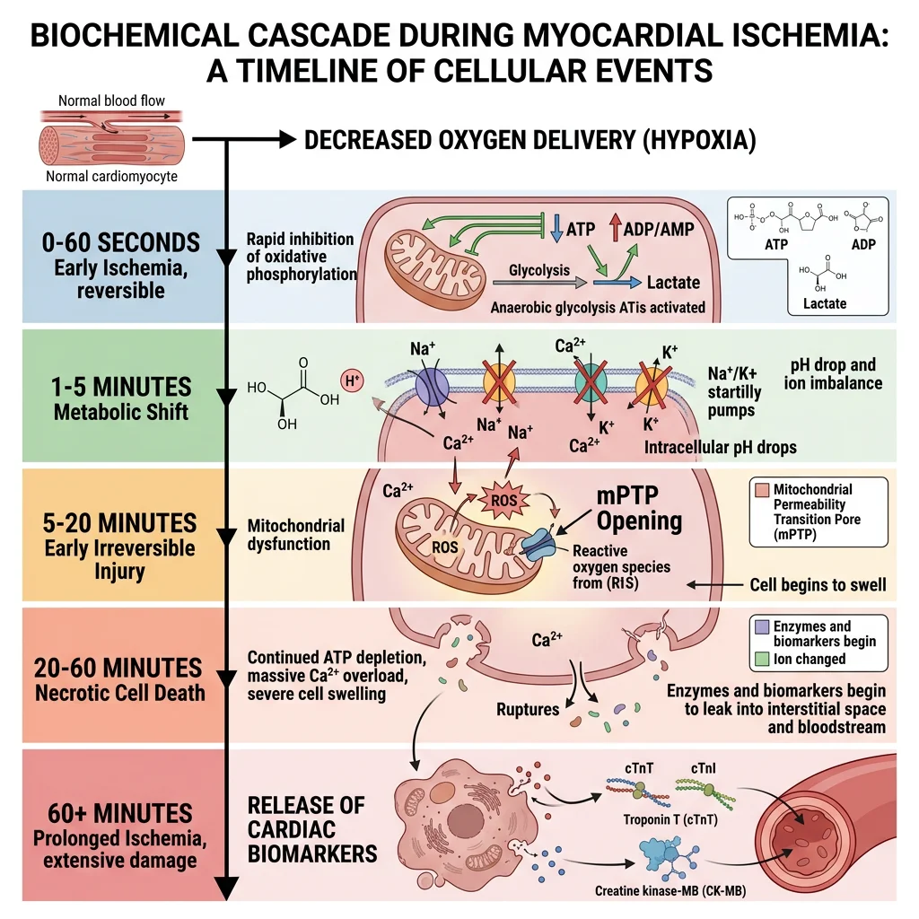 Timeline diagram of the biochemical cascade during myocardial ischemia from 0 seconds to 60+ minutes, showing ATP depletion, lactate accumulation, ion pump failure, mPTP opening, and biomarker release into blood