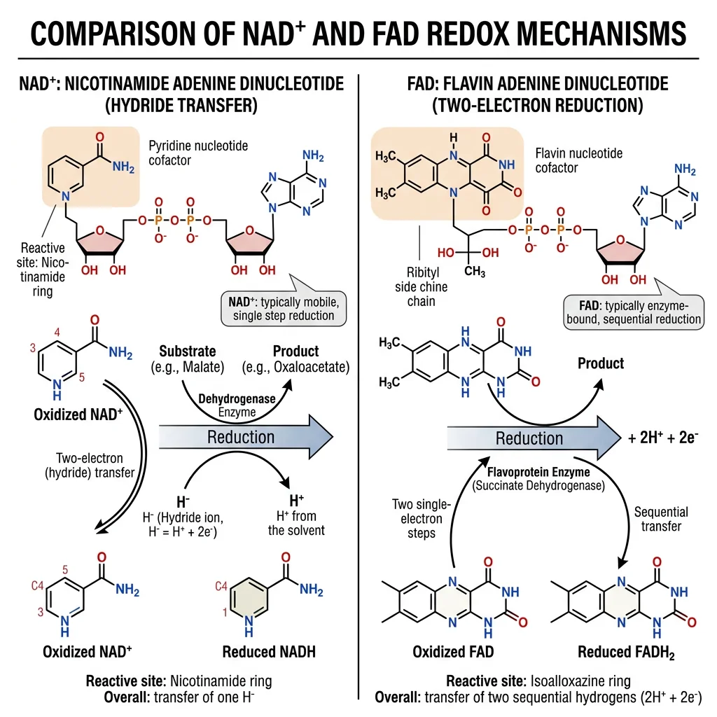 Diagram comparing NAD-plus and FAD redox reactions, showing hydride transfer to the nicotinamide ring and two-electron reduction of the flavin isoalloxazine ring
