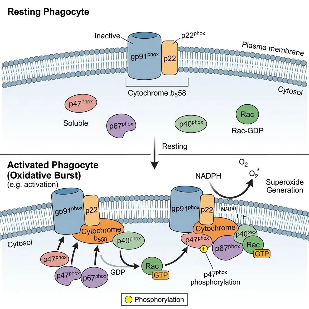 NADPH oxidase complex assembly in phagocytes showing membrane and cytosolic subunit translocation during oxidative burst