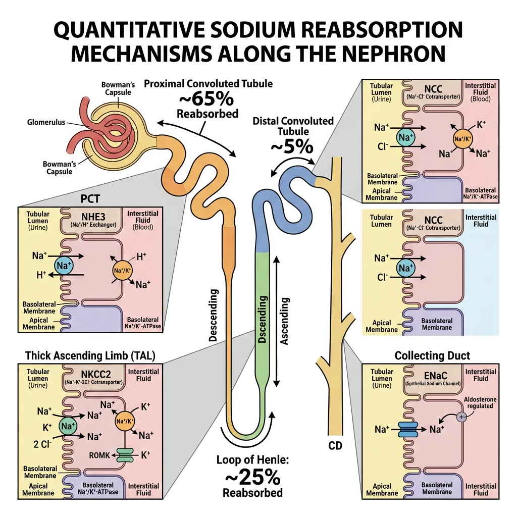 Diagram of sodium reabsorption along the nephron showing NHE3, NKCC2, NCC, and ENaC transporters with percentage reabsorbed at each segment