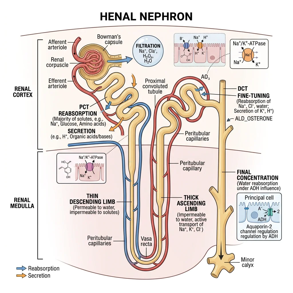 Anatomical diagram of the nephron showing glomerulus, proximal convoluted tubule, loop of Henle, distal convoluted tubule, and collecting duct
