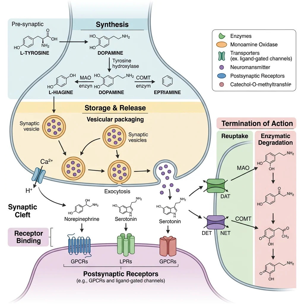 Overview diagram of neurotransmitter lifecycle showing synthesis from amino acid precursors, vesicular packaging, calcium-triggered exocytosis into the synaptic cleft, receptor binding, and termination via reuptake transporters and enzymatic degradation