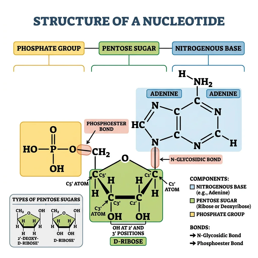 Diagram showing the three components of a nucleotide: nitrogenous base, pentose sugar, and phosphate group, with labeled bonds connecting them
