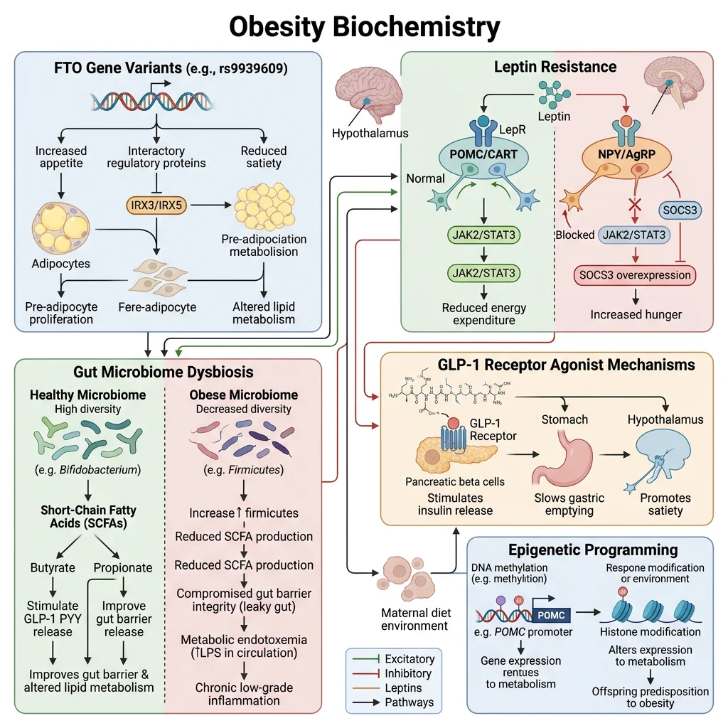 Overview of obesity biochemistry showing interplay of FTO gene variants, leptin resistance, gut microbiome dysbiosis, GLP-1 receptor agonist mechanisms, and epigenetic programming