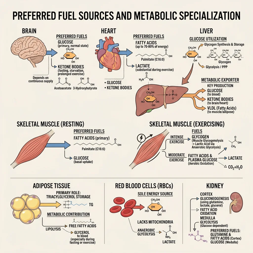 Anatomical diagram showing preferred fuel sources for brain, heart, liver, skeletal muscle, adipose tissue, red blood cells, and kidney