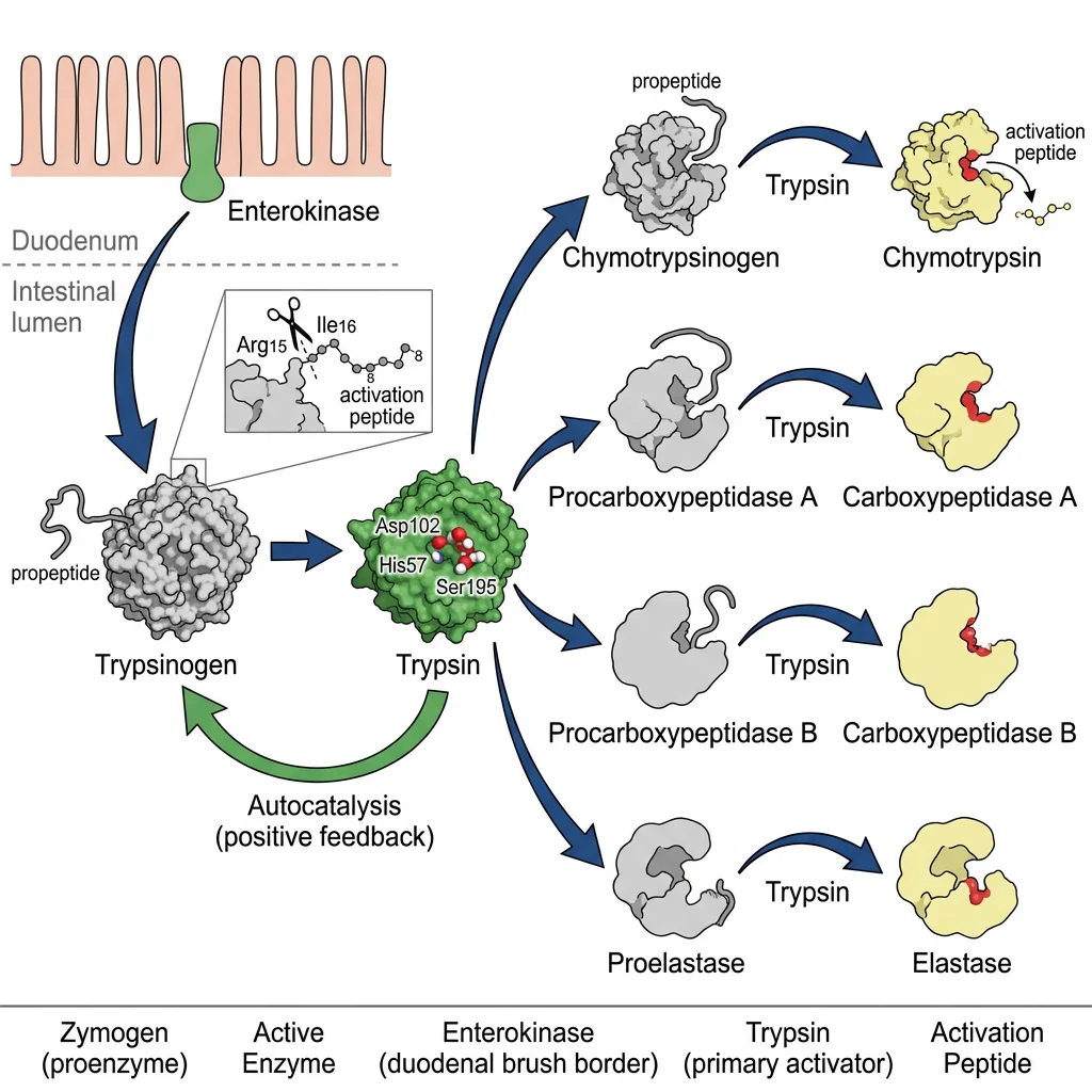 Zymogen activation cascade showing enterokinase activating trypsinogen, with trypsin then activating all other pancreatic zymogens