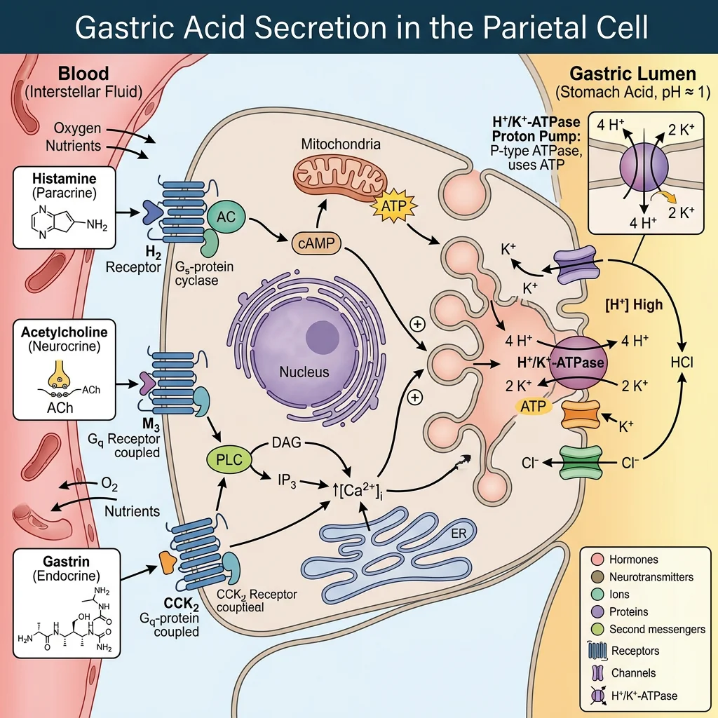 Parietal cell showing H+/K+-ATPase proton pump, the three stimulatory pathways via histamine, acetylcholine, and gastrin, and the concentration gradient across the membrane