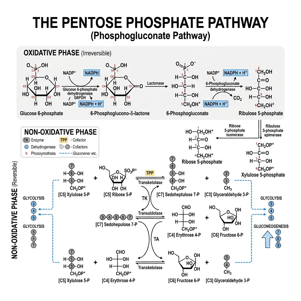 Schematic of the pentose phosphate pathway showing the oxidative phase producing NADPH and the non-oxidative phase interconverting sugar phosphates via transketolase and transaldolase