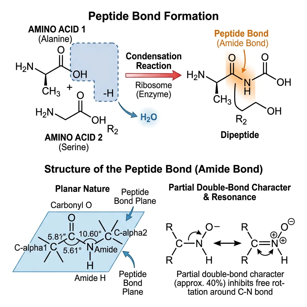 Diagram of peptide bond formation via condensation reaction between two amino acids, showing the planar amide bond with partial double-bond character and water release