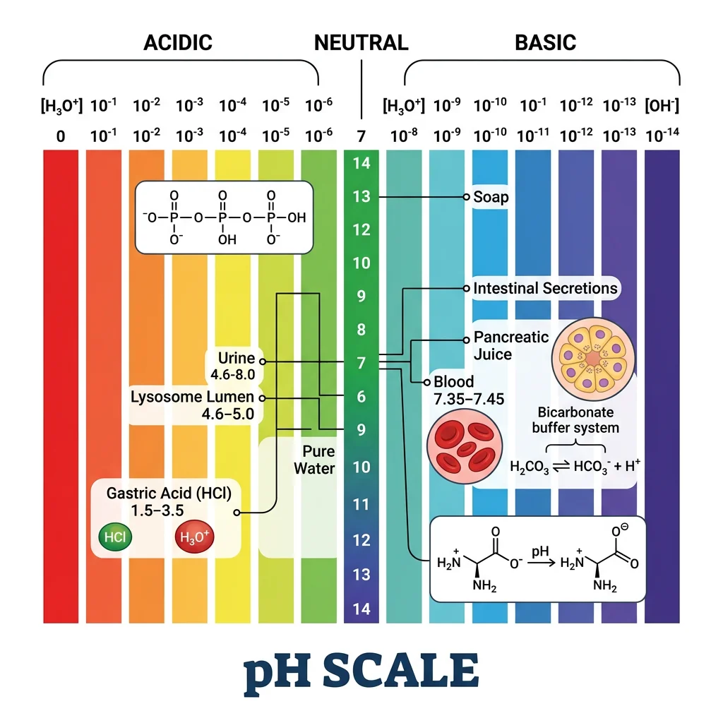 The pH scale from 0 to 14 with color gradient showing acidic to basic range, marked with biological fluid pH values including gastric acid, blood, and pancreatic juice