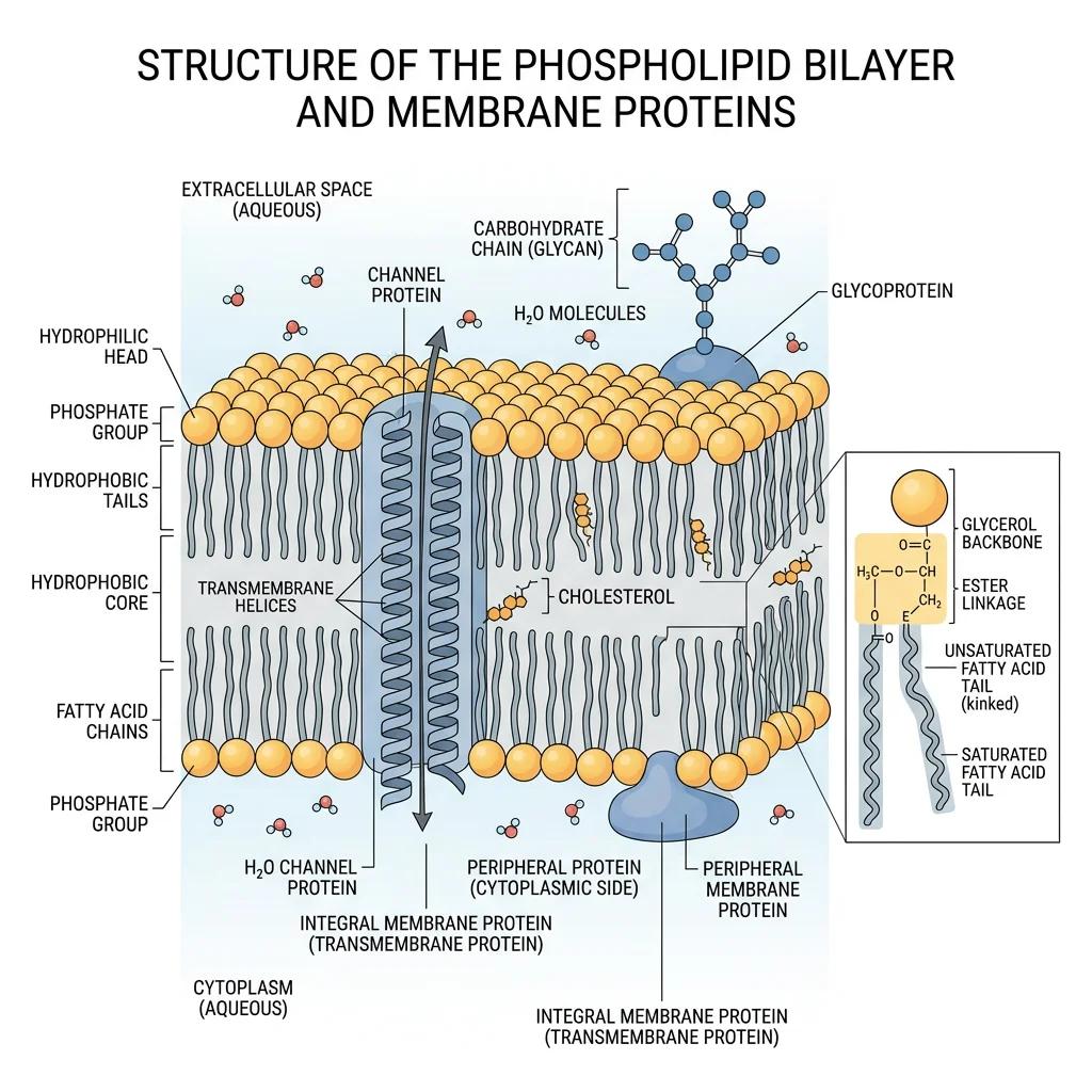 Phospholipid bilayer cross-section showing amphipathic phospholipids arranged with hydrophilic heads facing water and hydrophobic tails facing inward, with integral and peripheral membrane proteins embedded