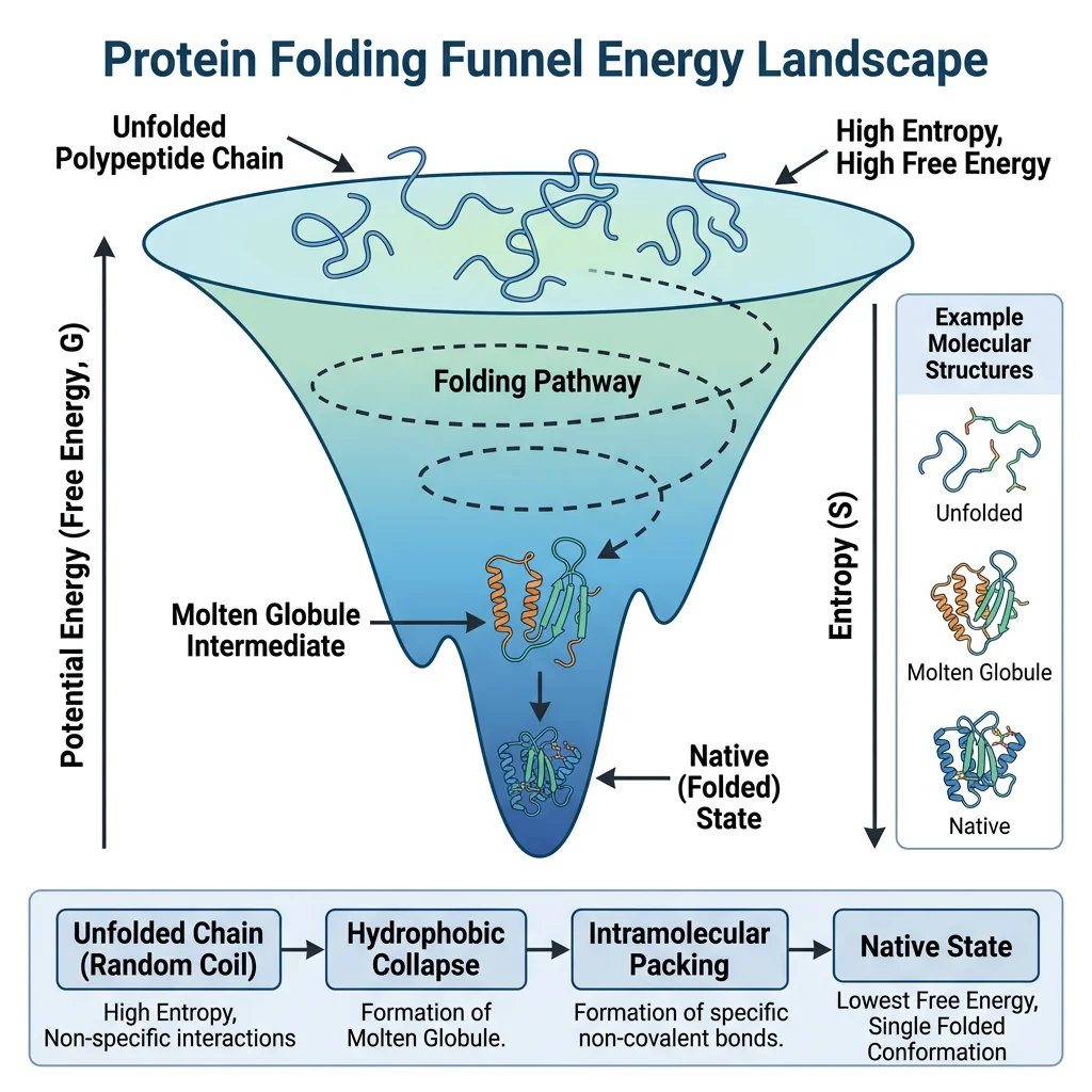 Protein folding funnel energy landscape diagram showing the progression from unfolded states at the top through molten globule intermediates to the native state at the bottom