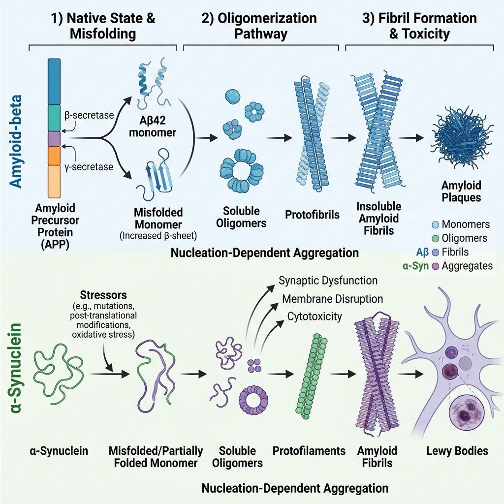 Protein misfolding cascade in neurodegenerative diseases showing monomer to oligomer to fibril progression for amyloid-beta and alpha-synuclein
