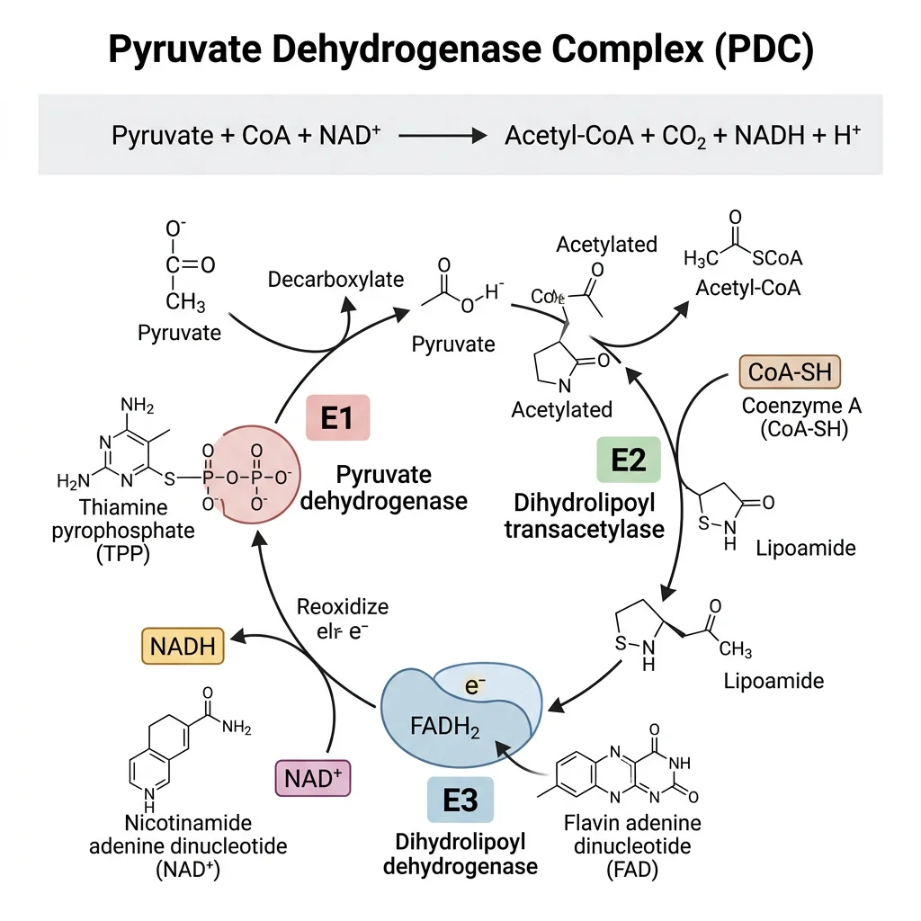 Diagram of the pyruvate dehydrogenase complex showing its three enzyme components E1, E2, E3 and five coenzymes TPP, lipoamide, CoA, FAD, NAD-plus working together to convert pyruvate to acetyl-CoA