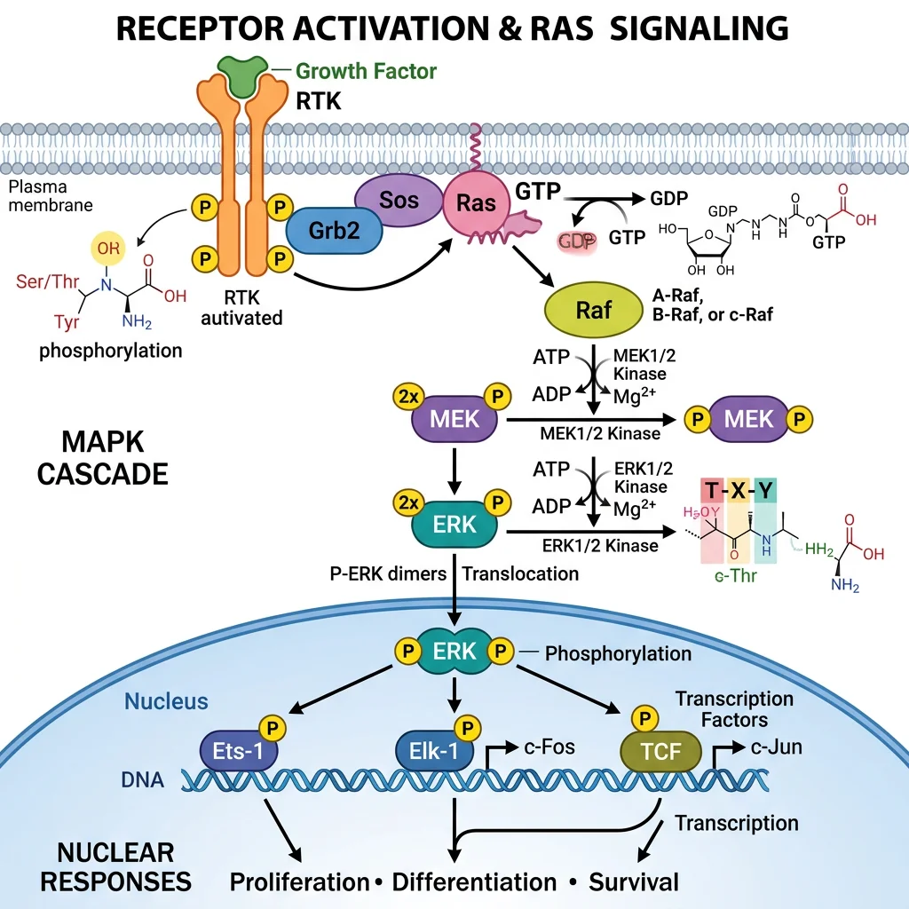 The Ras-Raf-MEK-ERK MAPK signaling cascade showing sequential phosphorylation steps from receptor activation to nuclear transcription factor activation