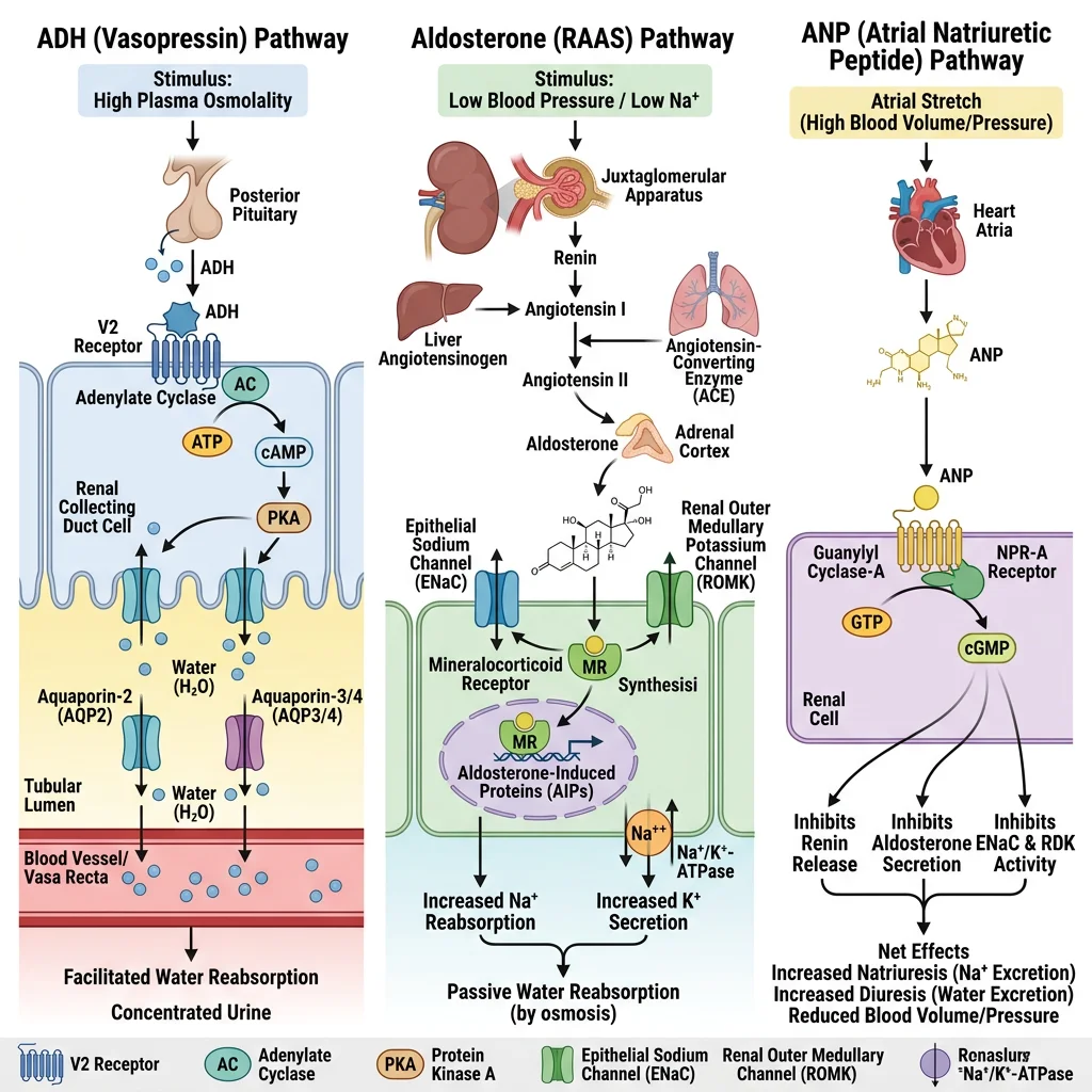 Diagram showing ADH, aldosterone (RAAS), and ANP hormonal axes with their renal targets and effects on water and sodium balance