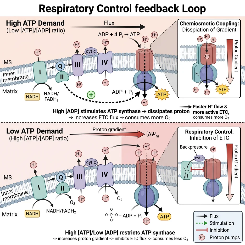 Diagram showing respiratory control feedback loop: ADP availability stimulates ATP synthase, which dissipates the proton gradient, allowing the ETC to pump faster and consume more oxygen
